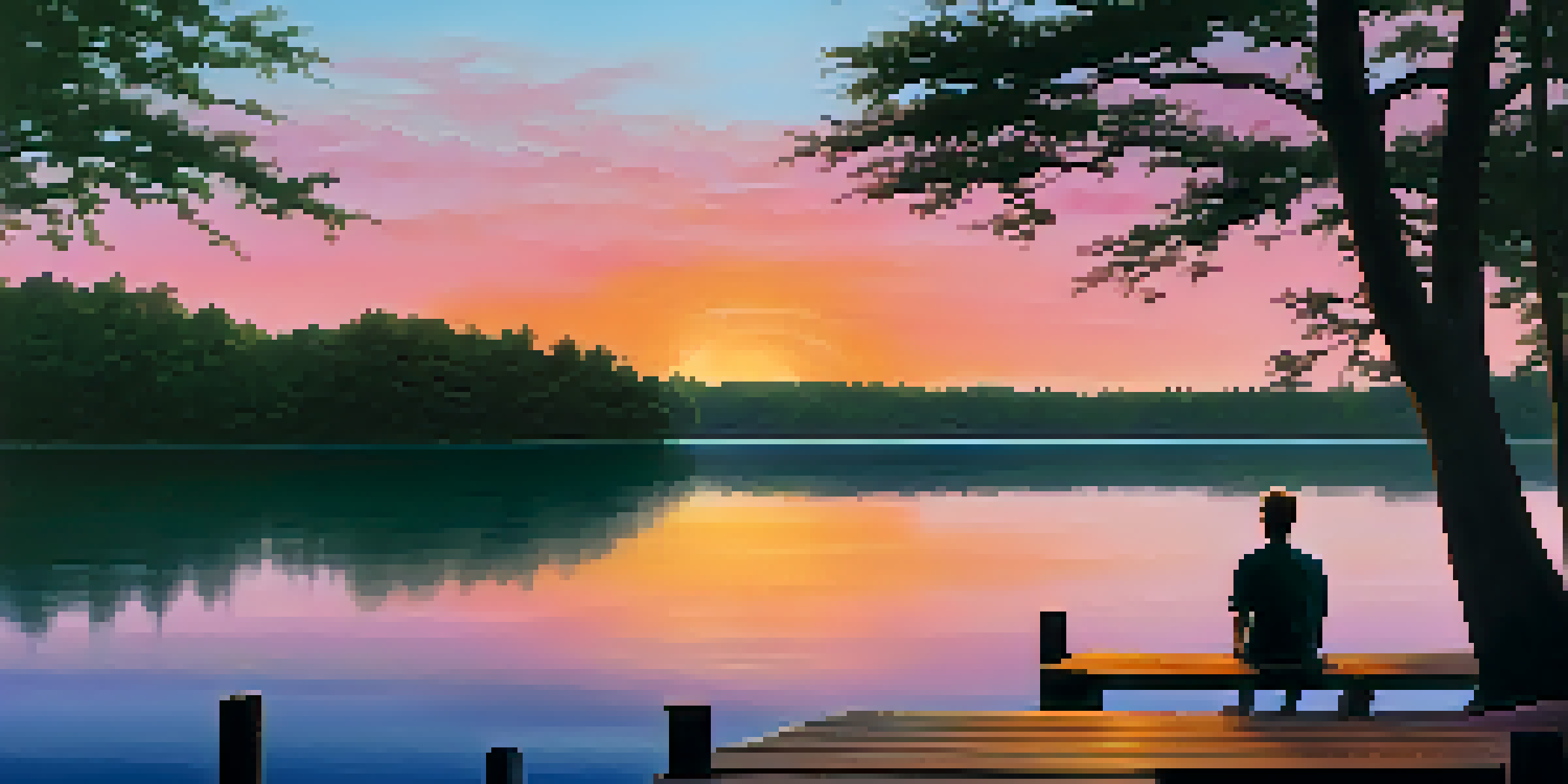 A person sitting on a dock by a lake during sunset, with colorful reflections in the water and trees surrounding the scene.