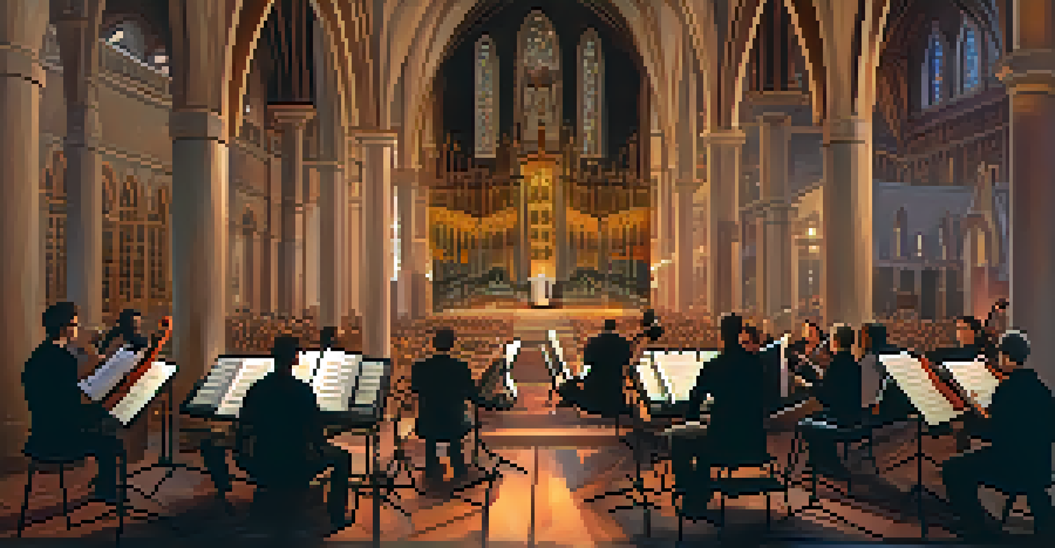 A diverse group of musicians performing a modern interpretation of Gregorian Chant with electronic instruments in a contemporary setting.