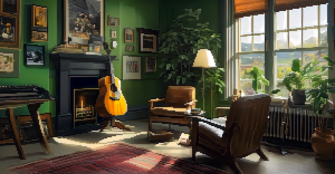 An elderly person sitting in a sunlit room surrounded by musical instruments and framed photos, creating a warm and inviting atmosphere.