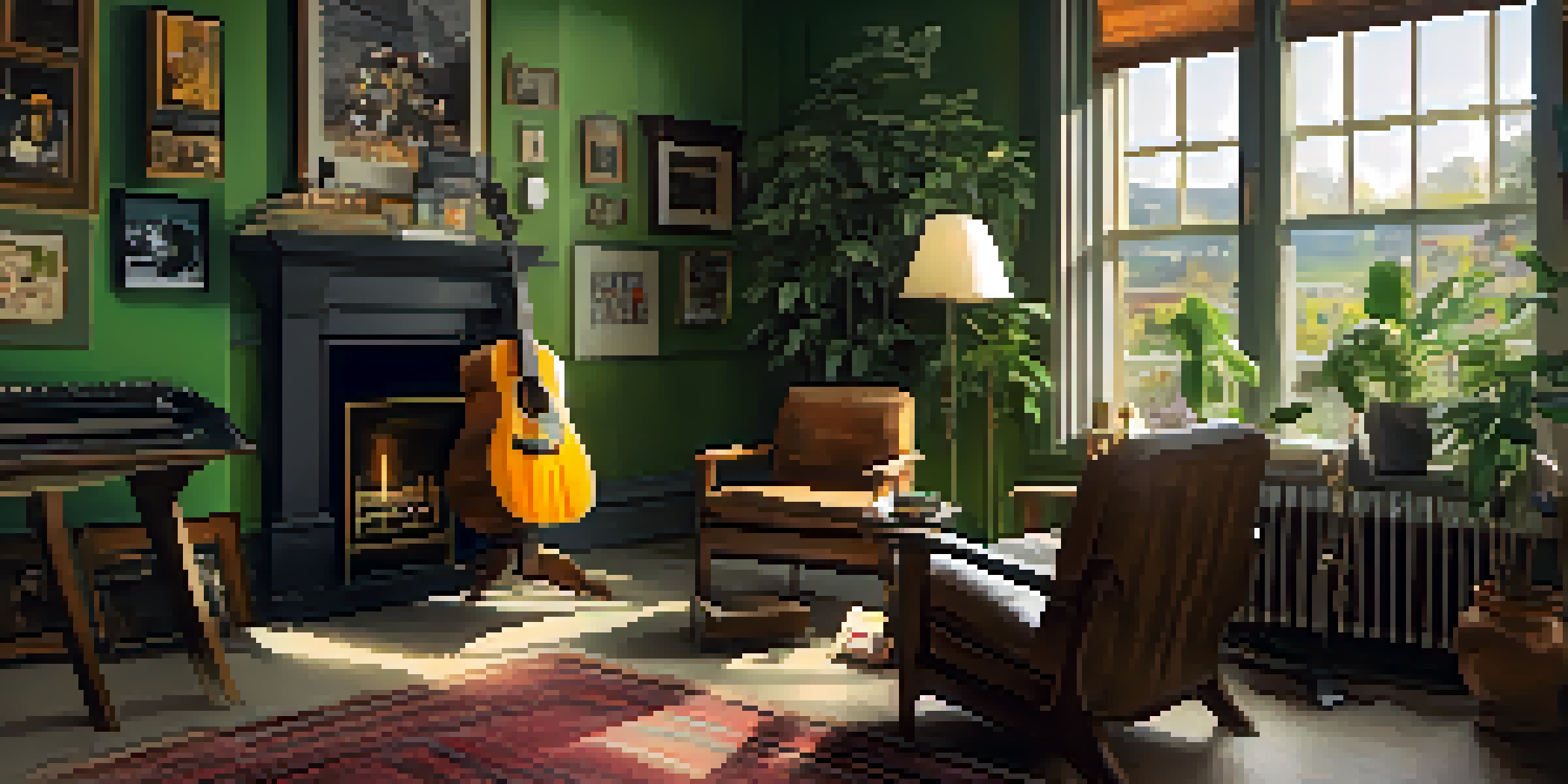 An elderly person sitting in a sunlit room surrounded by musical instruments and framed photos, creating a warm and inviting atmosphere.
