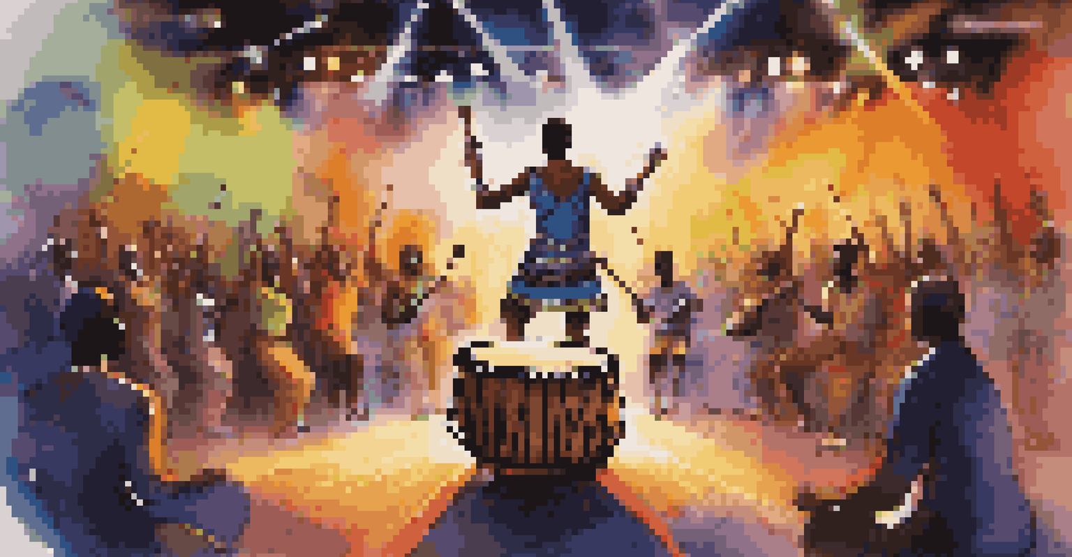 A modern musician performing with traditional African drums on stage, with colorful lights and an engaged audience.