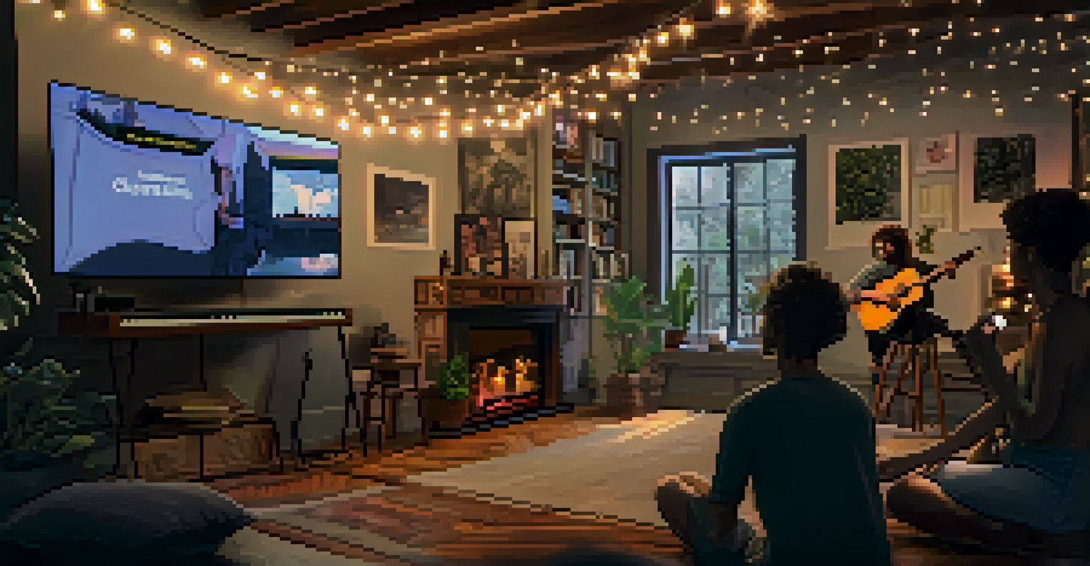 An artist live-streaming from home, interacting with fans, surrounded by cozy decorations.