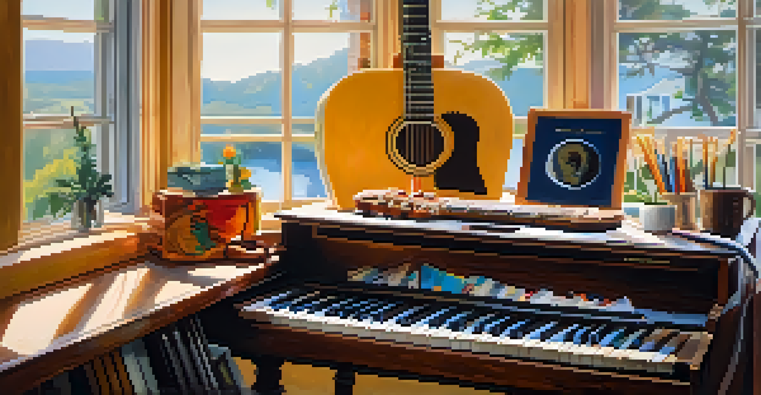 A creative space with various musical instruments and natural light, perfect for songwriting.