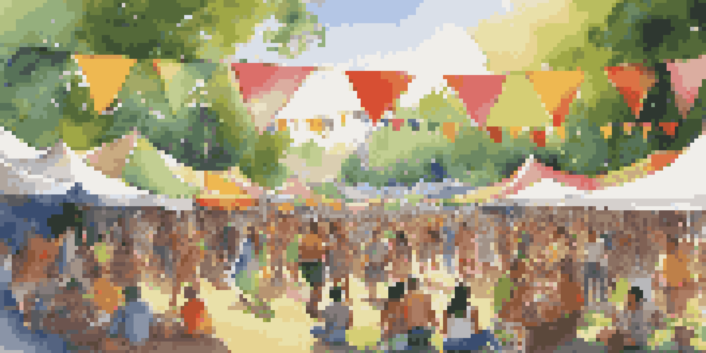 A lively cultural festival with a diverse audience enjoying live music in a green park, colorful tents, and sunlight filtering through trees.