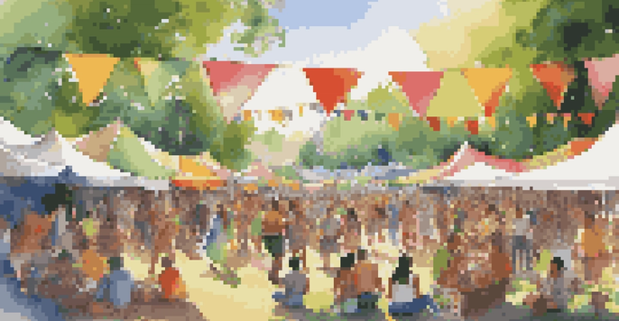 A lively cultural festival with a diverse audience enjoying live music in a green park, colorful tents, and sunlight filtering through trees.