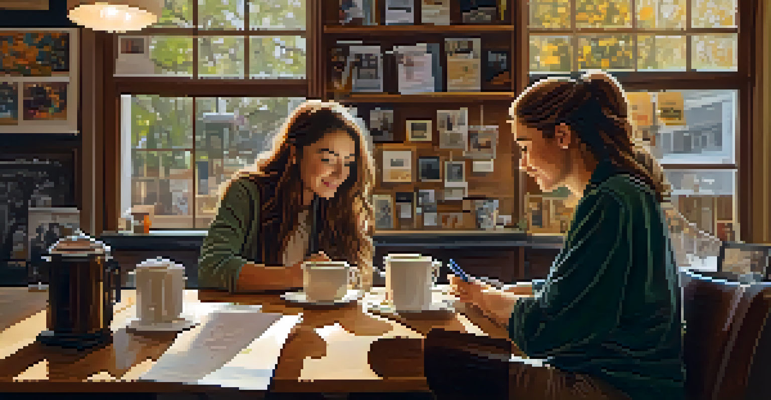 Two artists discussing their project in a cozy coffee shop, surrounded by art supplies and coffee cups.