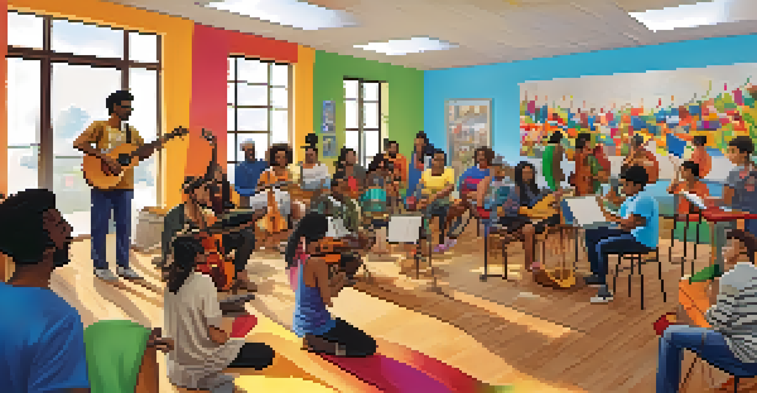 A multicultural music workshop in a community center where participants are collaboratively creating music together.