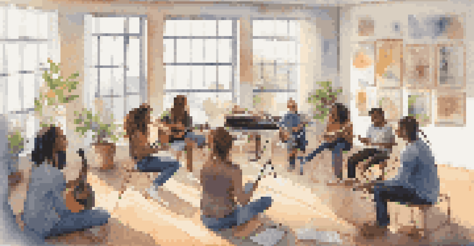 A group of young people participating in a collaborative songwriting workshop, sharing ideas in a bright room.