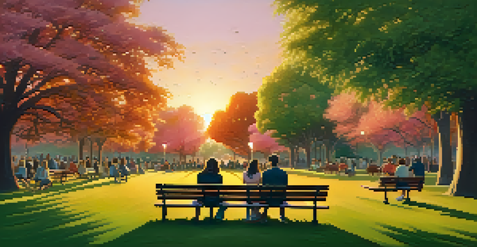 A vibrant park at sunset with people enjoying live music, surrounded by green trees and colorful sky.