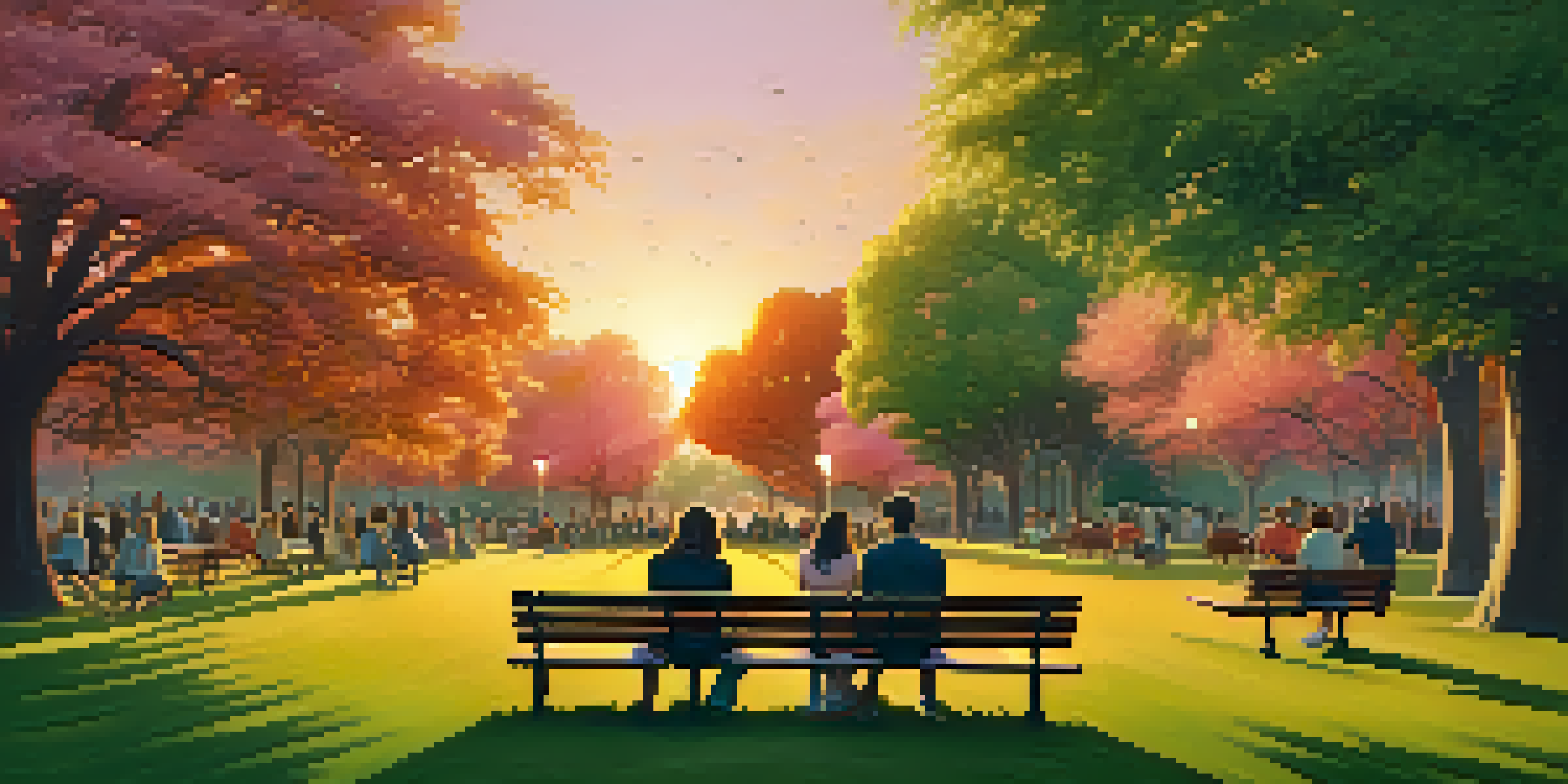 A vibrant park at sunset with people enjoying live music, surrounded by green trees and colorful sky.