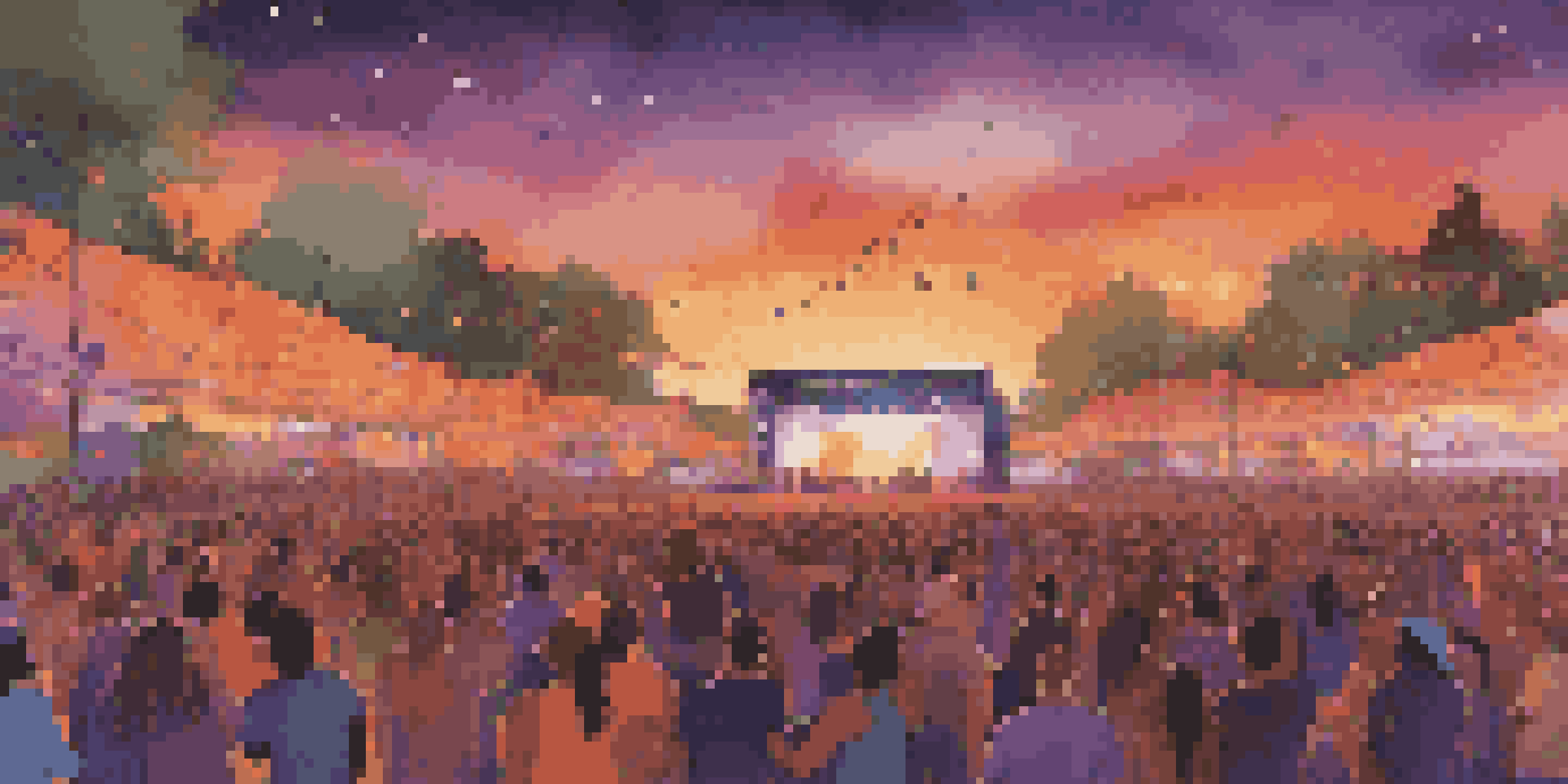A lively music festival at sunset with a diverse crowd and colorful lights illuminating an outdoor stage.