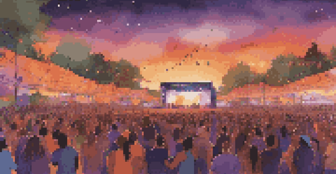 A lively music festival at sunset with a diverse crowd and colorful lights illuminating an outdoor stage.