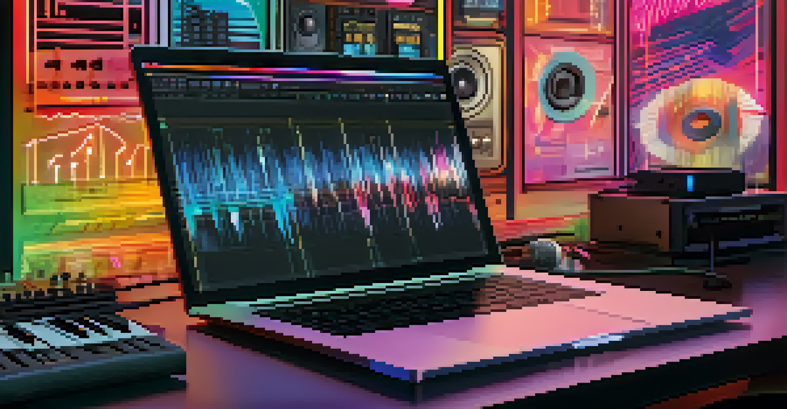 Close-up of a laptop screen with digital audio workstation software and a musician playing a keyboard in a creative workspace.