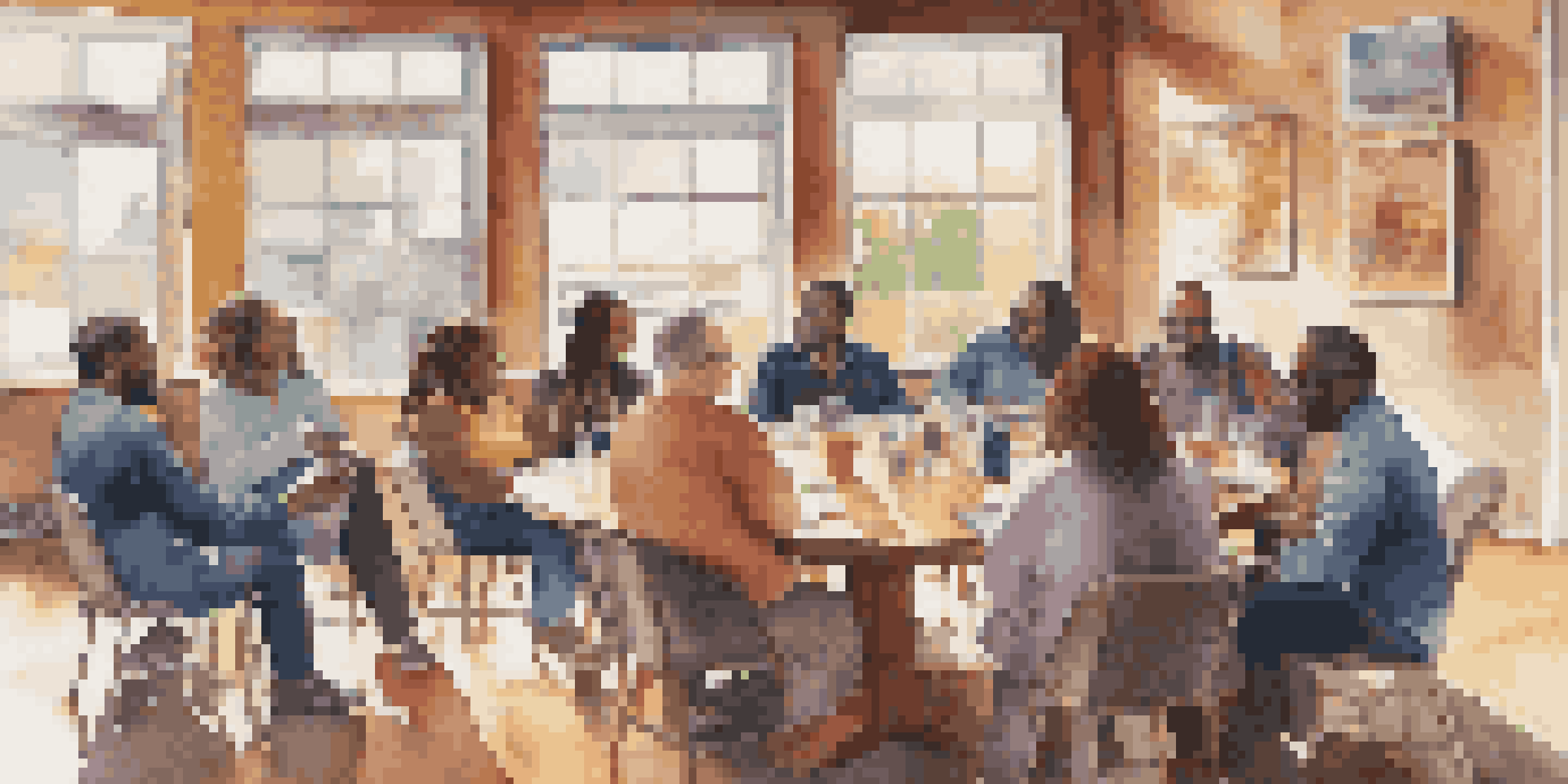A diverse group of musicians, venue owners, and community leaders sitting around a table engaged in a lively discussion in a community center.