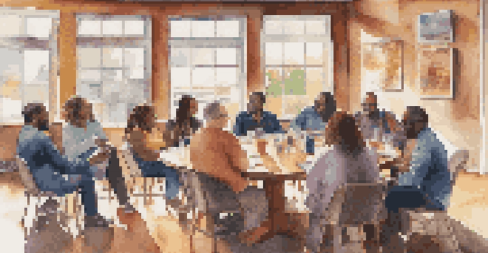 A diverse group of musicians, venue owners, and community leaders sitting around a table engaged in a lively discussion in a community center.