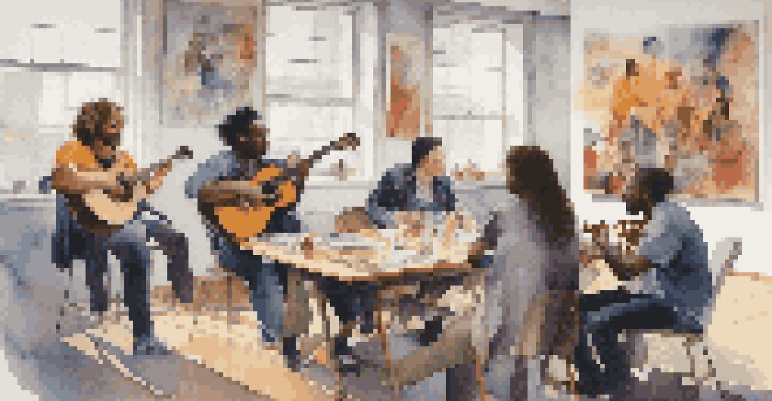 A diverse group of musicians discussing copyright issues in a modern studio filled with instruments.