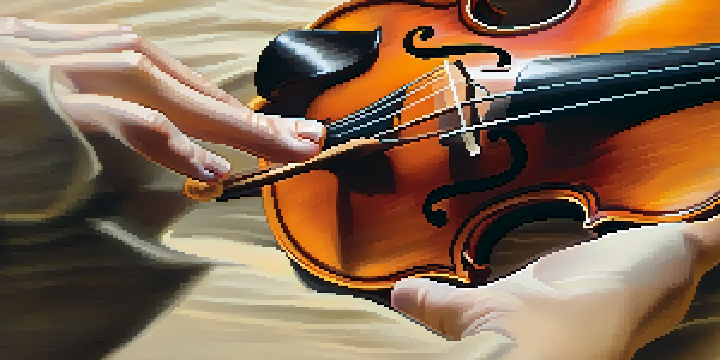 A close-up of a violinist's left hand demonstrating the vibrato technique on a violin, with soft lighting and a blurred background.