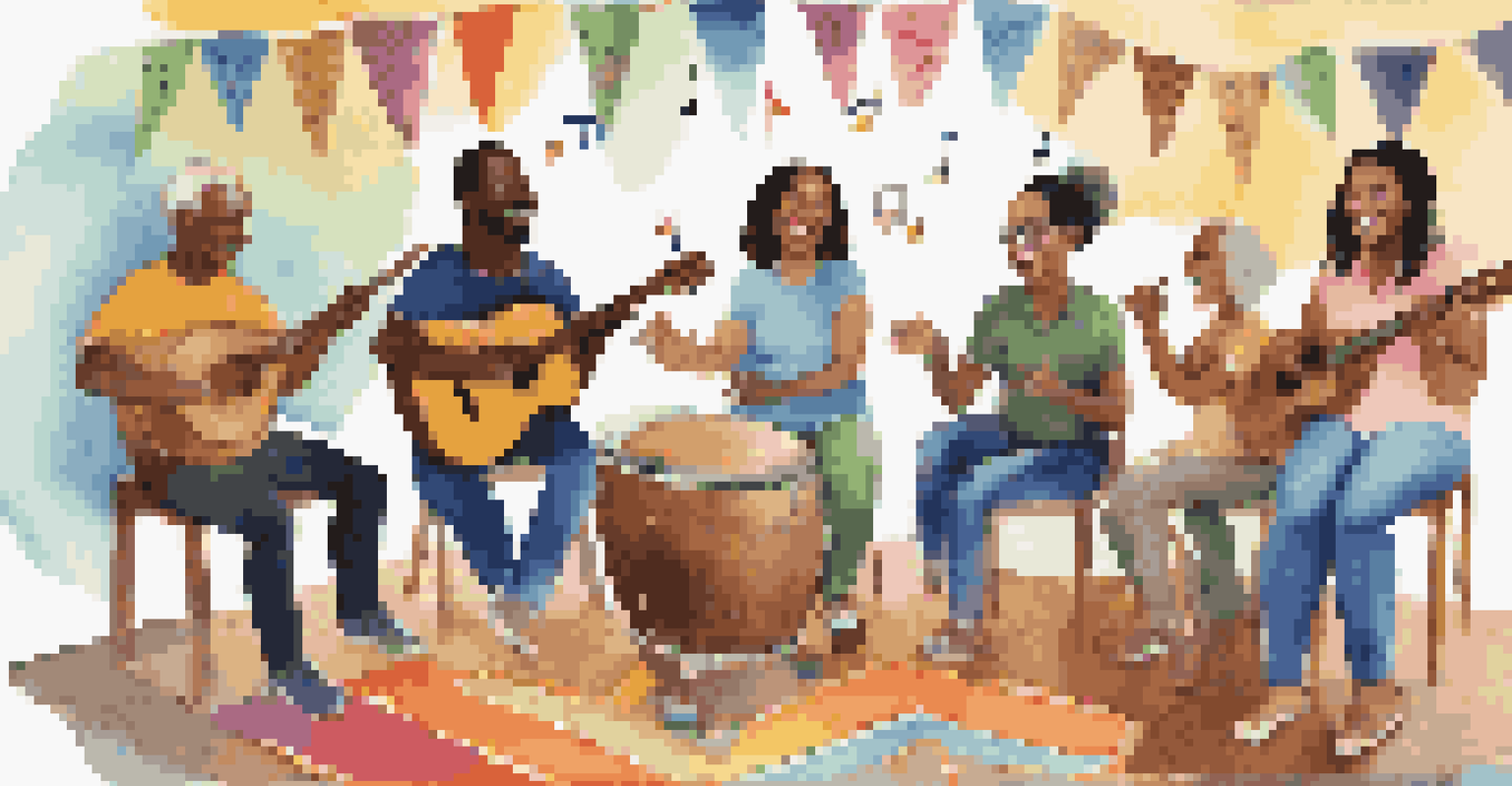 A diverse group of people happily participating in a music therapy session with instruments.
