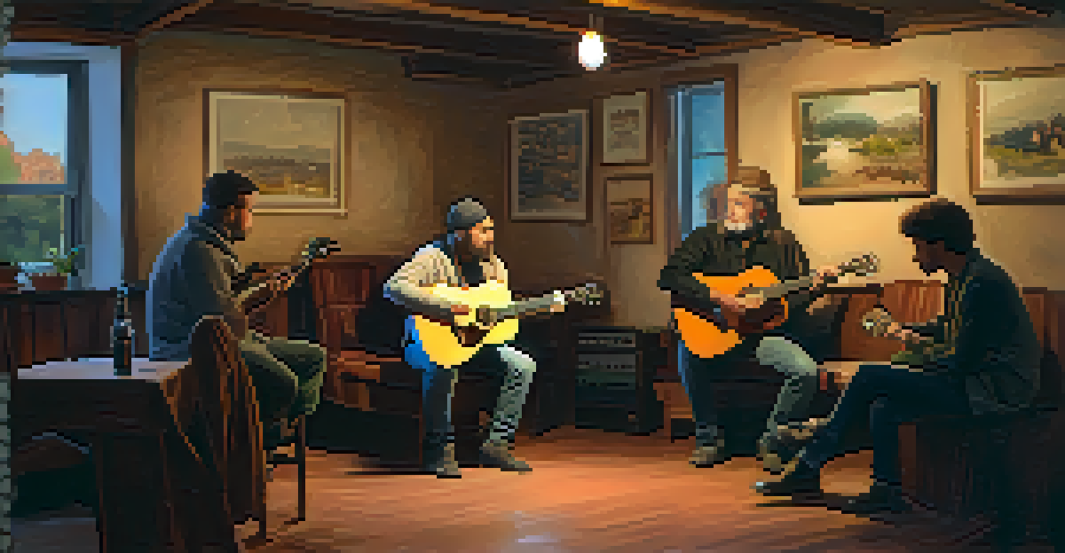 A small indoor music event with a musician playing guitar and an attentive audience in a cozy setting.