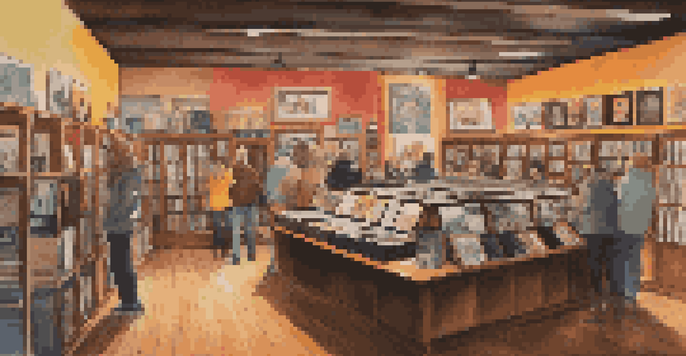 A vintage record store interior with shelves of vinyl records, warm lighting, and a wooden turntable in the center.
