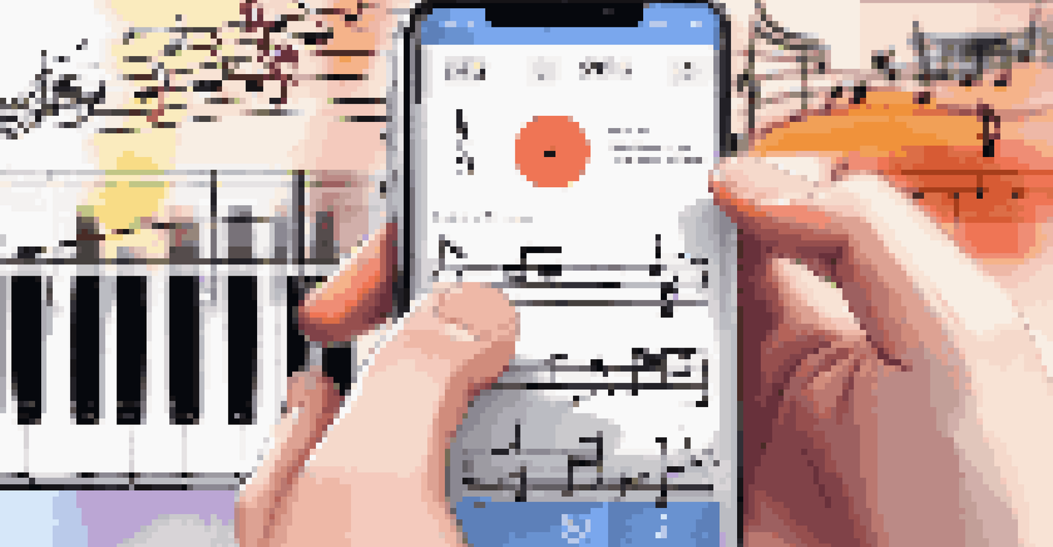 A smartphone showing a music practice app, with a young musician practicing on a piano in the background.