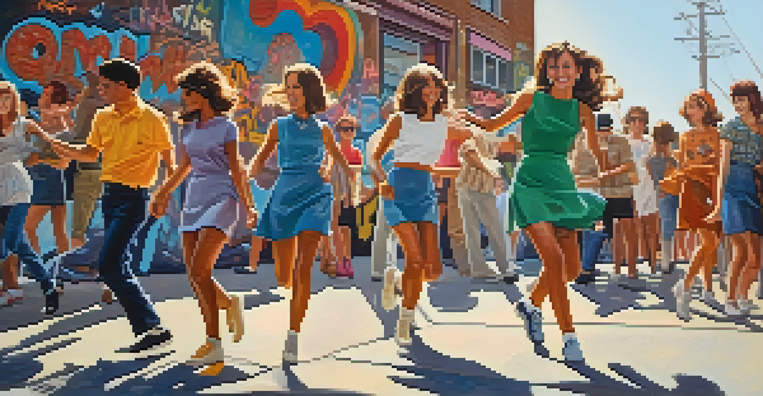 A lively street scene of young people in 1960s fashion dancing to music with colorful graffiti in the background.
