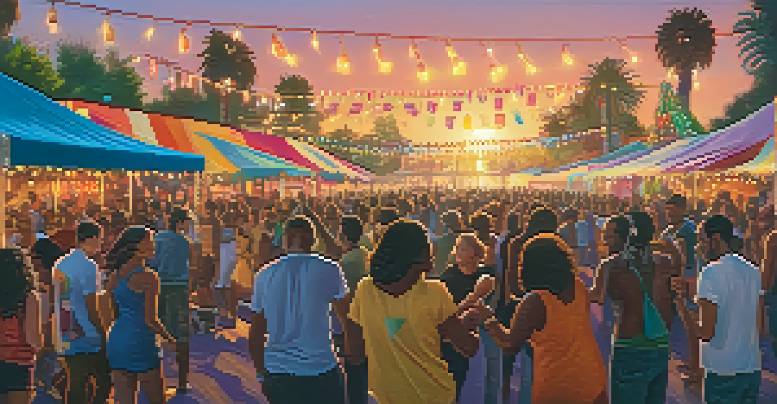 A lively outdoor music festival with a diverse crowd dancing and enjoying the atmosphere, illuminated by colorful lights at sunset.