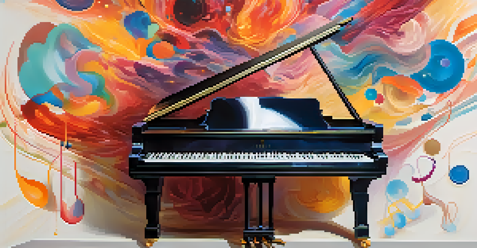A person improvising on a grand piano, surrounded by flowing musical notes and vibrant colors representing their emotions.