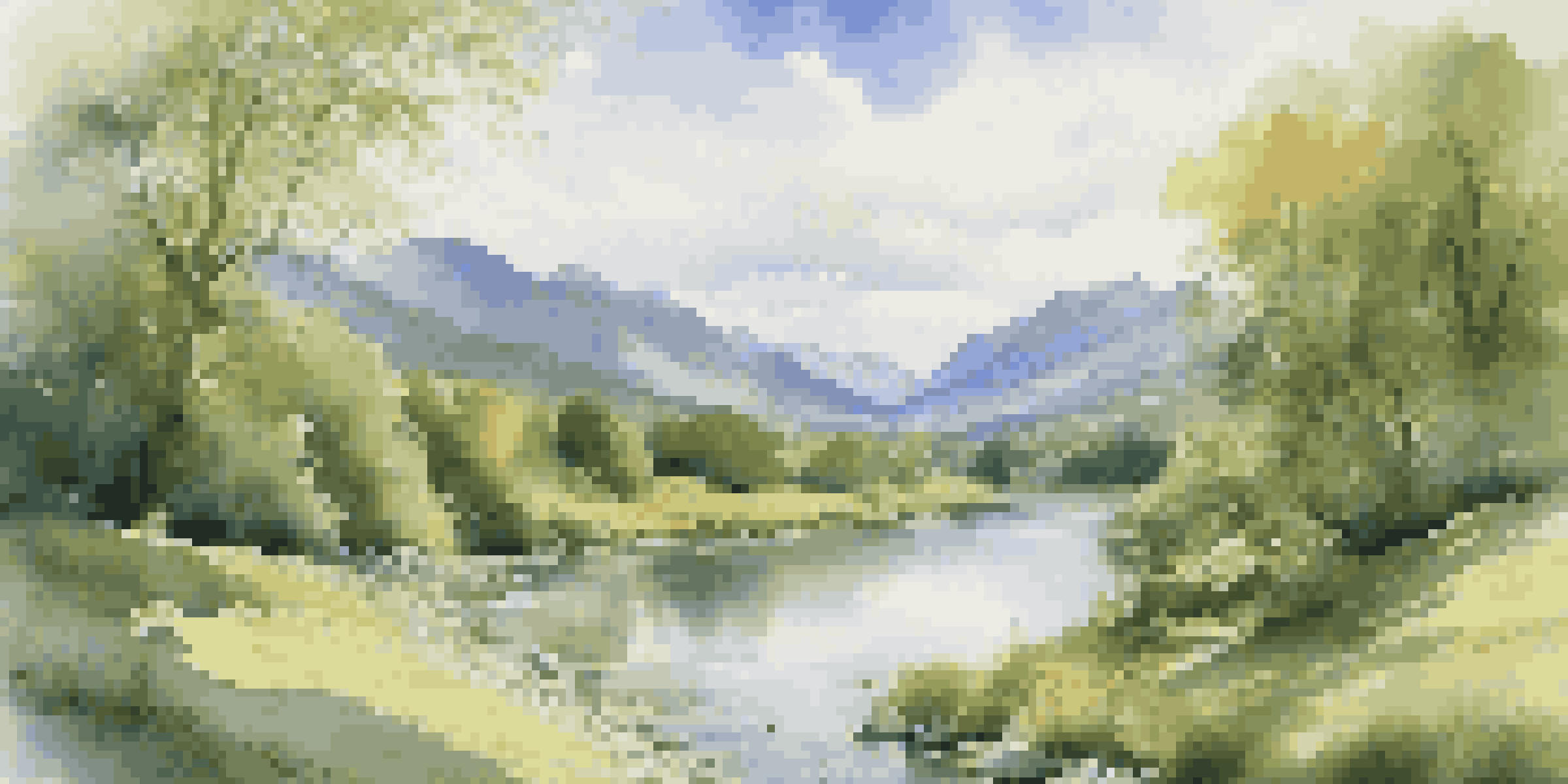 A peaceful river flowing through a green valley with mountains in the background and sunlight filtering through the trees.