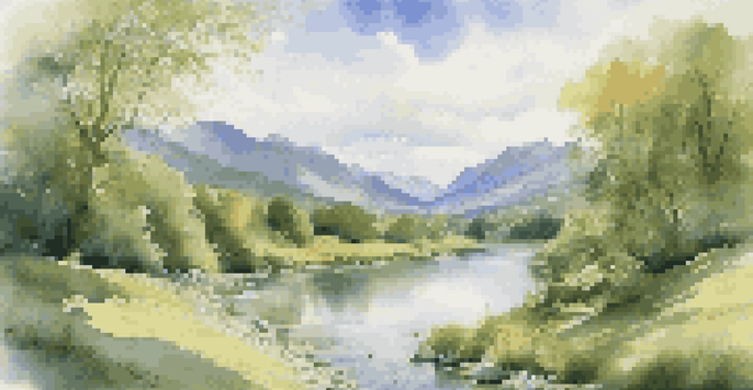 A peaceful river flowing through a green valley with mountains in the background and sunlight filtering through the trees.