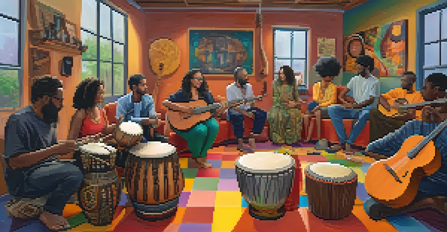 A diverse group of musicians collaborating in a vibrant studio, with various cultural instruments around them, symbolizing unity through music.