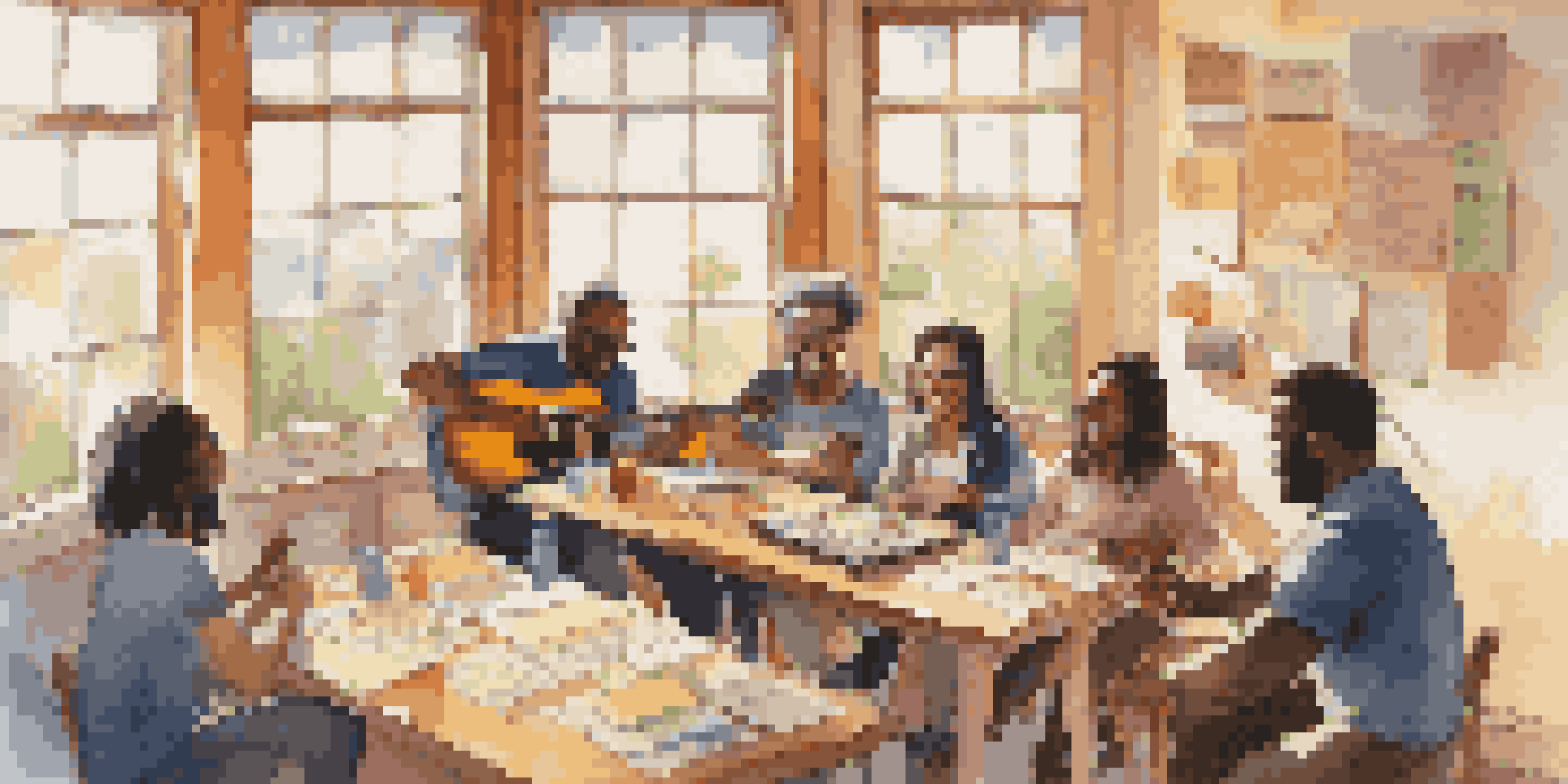 A diverse group of people engaged in a community songwriting session in a sunlit room, surrounded by musical instruments and colorful sticky notes.