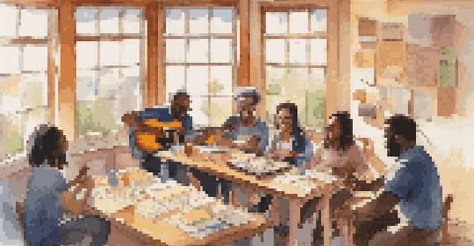 A diverse group of people engaged in a community songwriting session in a sunlit room, surrounded by musical instruments and colorful sticky notes.