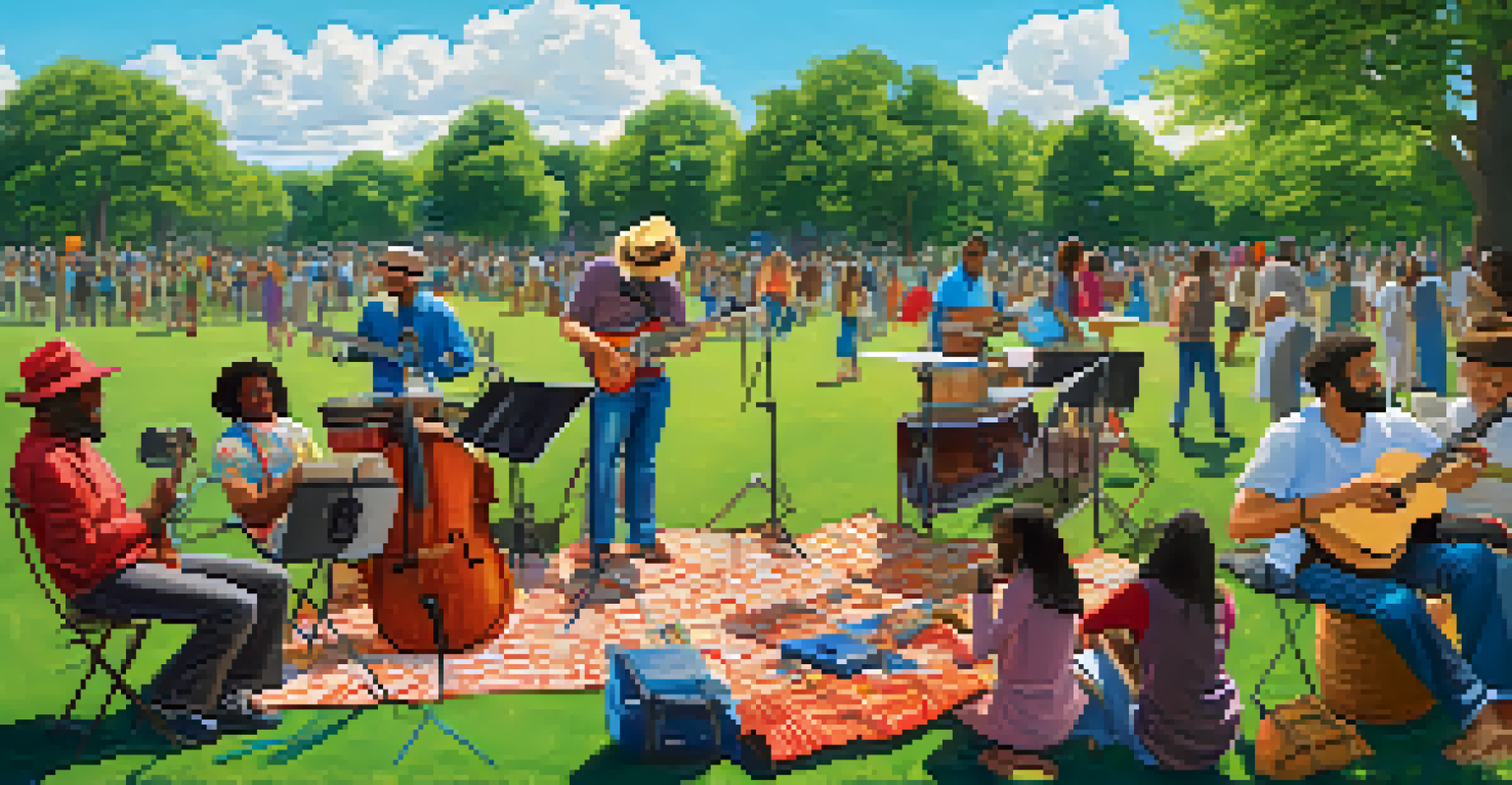 A diverse group of musicians playing together in a park, surrounded by listeners enjoying the live music on a sunny day.