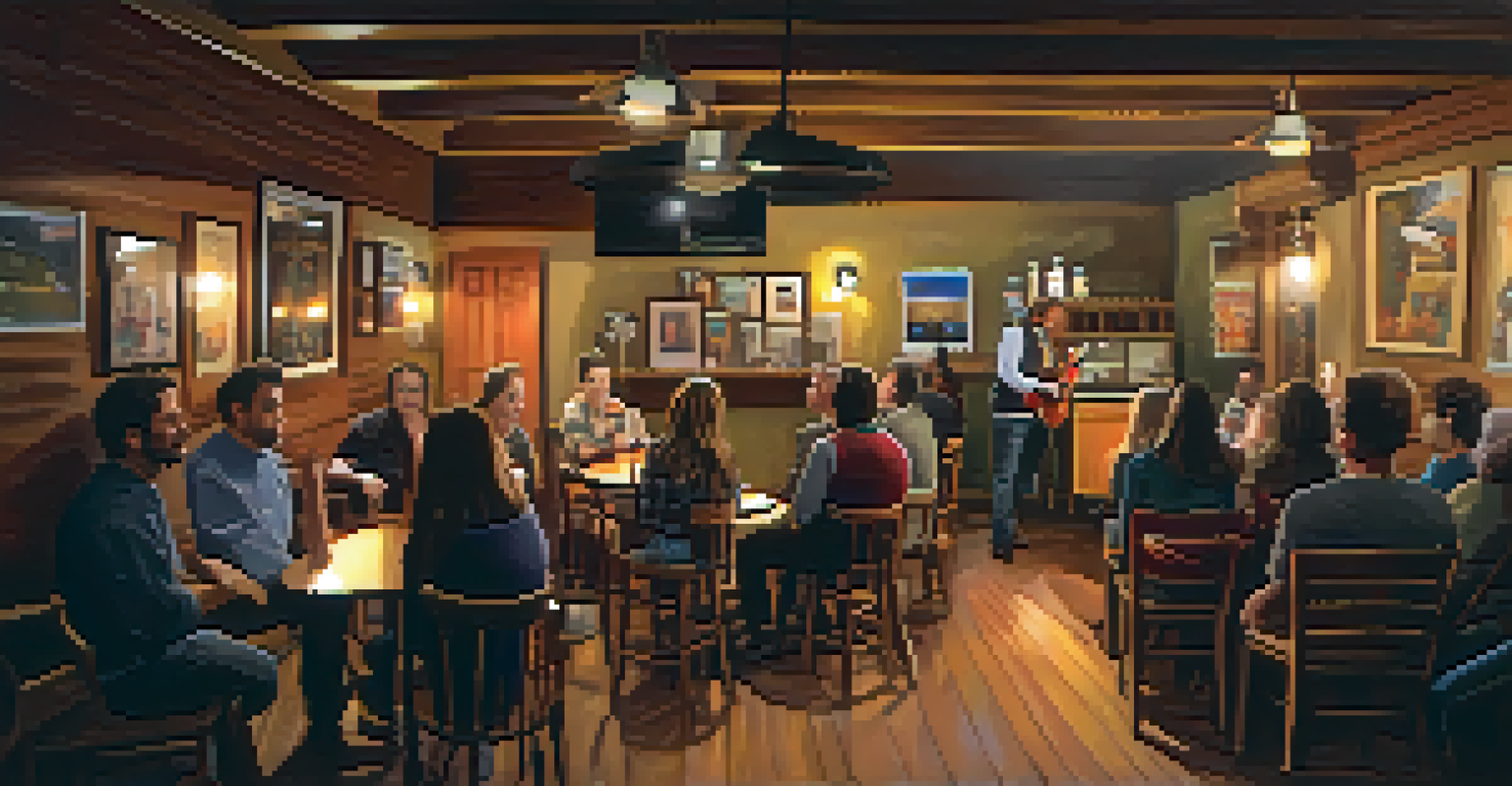 An artist performing at an open mic night in a cozy coffee shop, with warm lighting and an engaged audience, creating an intimate atmosphere.