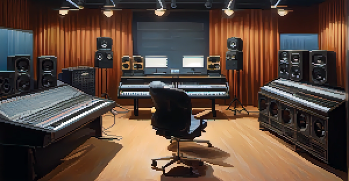 A cozy audio studio featuring vintage microphones, mixing consoles, and musical instruments under warm lighting.