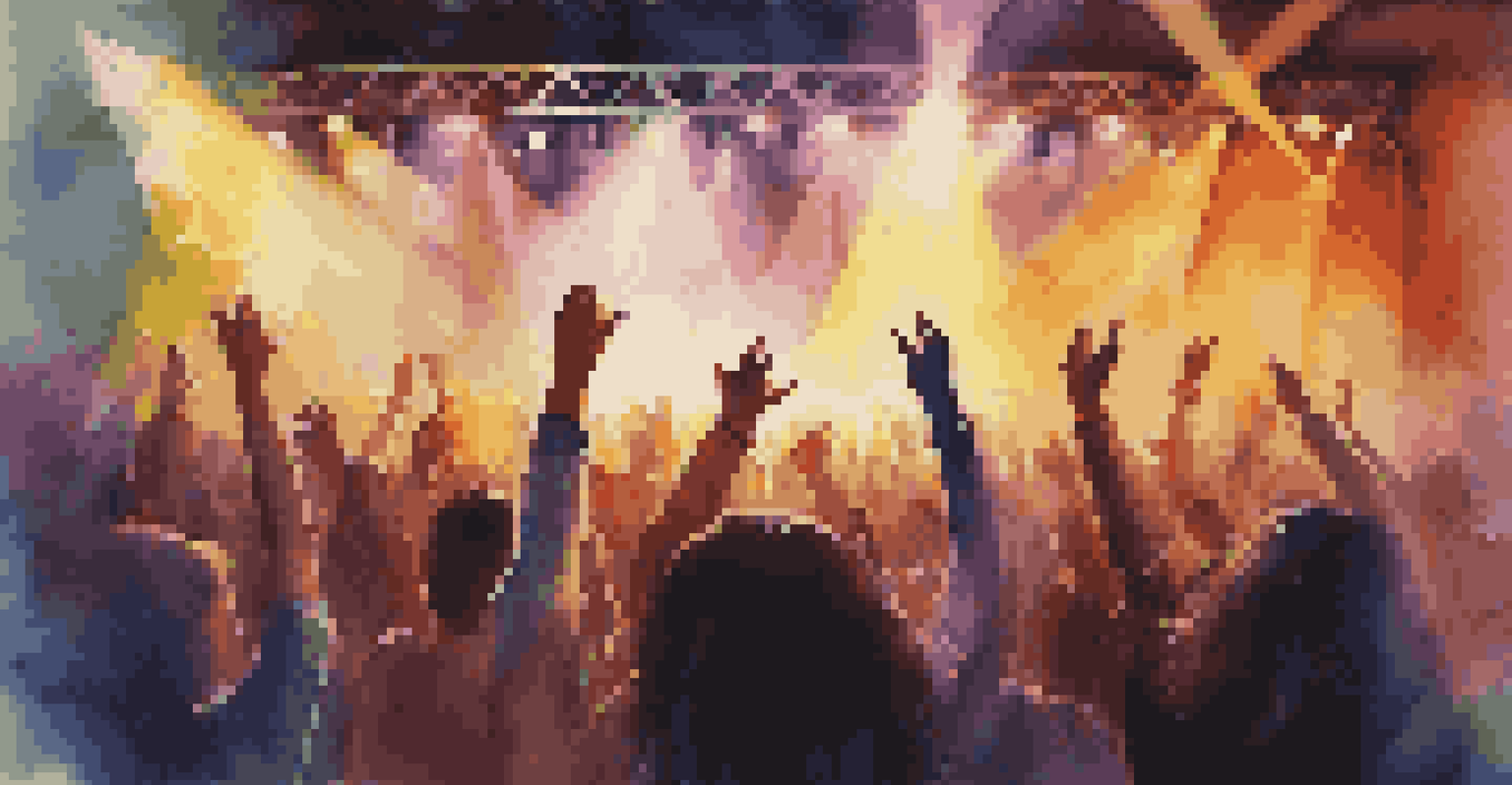 A lively concert scene with a crowd enjoying the performance, vibrant stage lights, and a band on stage.
