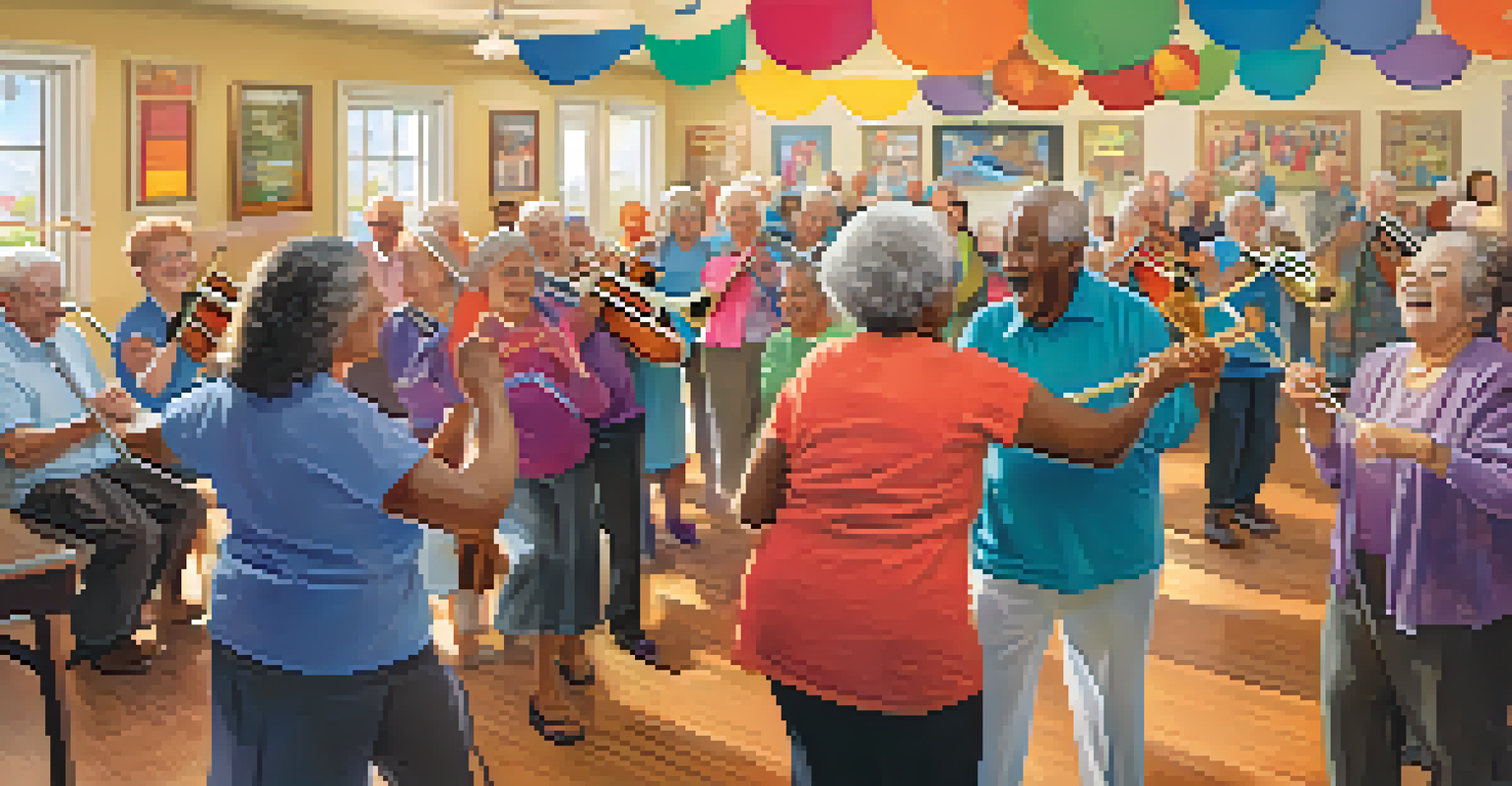 Seniors participating in a lively group music session in a colorful community center, singing and playing instruments.