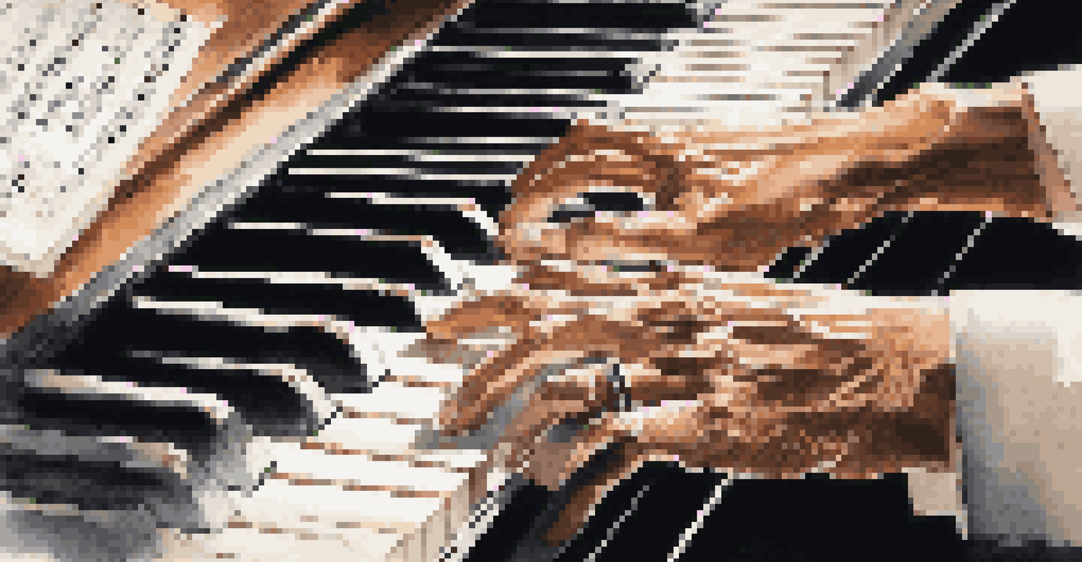 A detailed view of a musician's hands on a piano, with sheet music in front, showcasing the focus and engagement in musical practice.