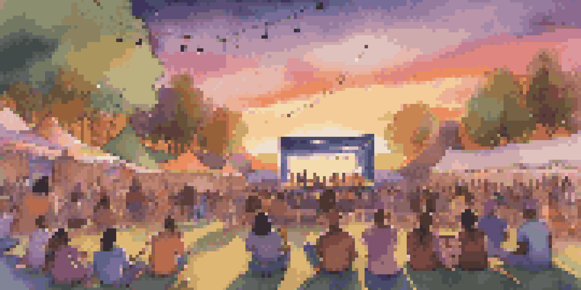 A lively outdoor concert at sunset with a diverse crowd enjoying music, surrounded by colorful lights and a beautiful sky.
