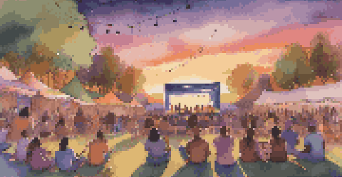 A lively outdoor concert at sunset with a diverse crowd enjoying music, surrounded by colorful lights and a beautiful sky.