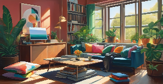 A person curating a playlist in a cozy living room, surrounded by vinyl records and a laptop, with warm sunlight filtering through a window.