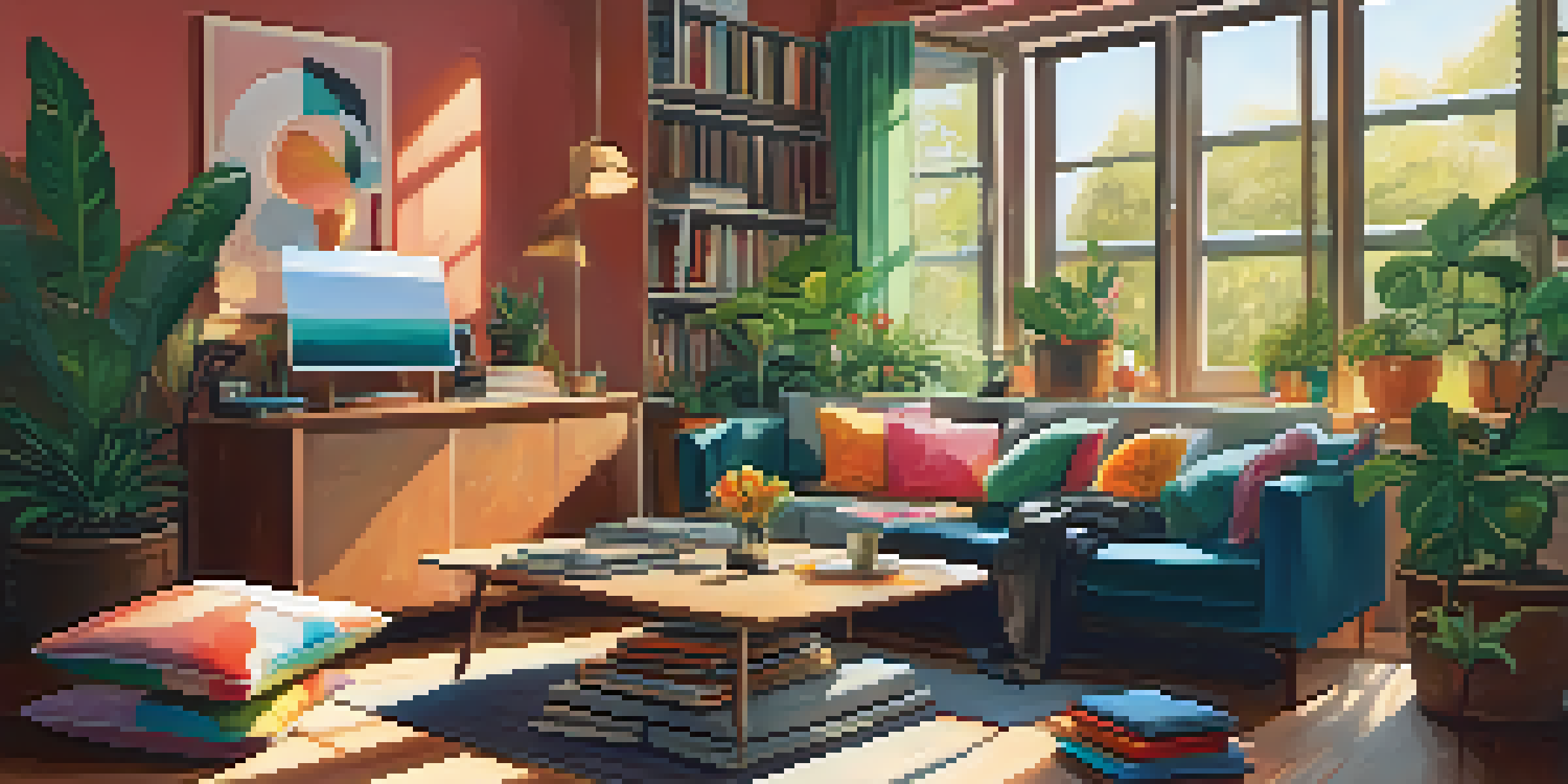 A person curating a playlist in a cozy living room, surrounded by vinyl records and a laptop, with warm sunlight filtering through a window.