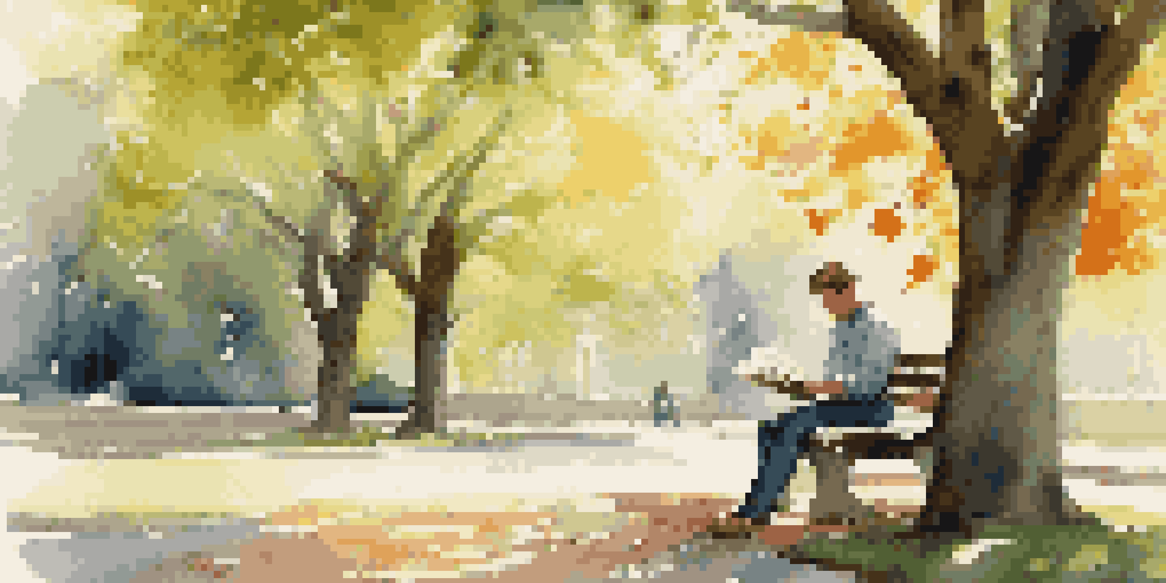 A person in a park, sitting on a bench with a slice of cake and a book, surrounded by trees and dappled sunlight.