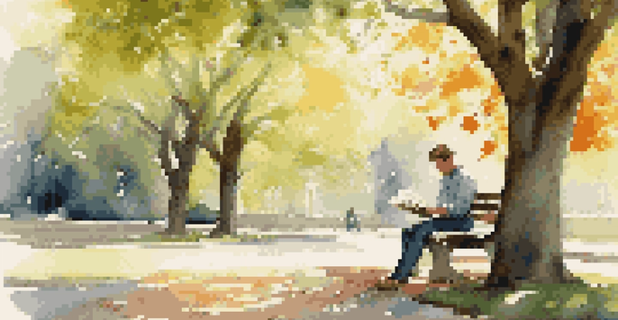 A person in a park, sitting on a bench with a slice of cake and a book, surrounded by trees and dappled sunlight.