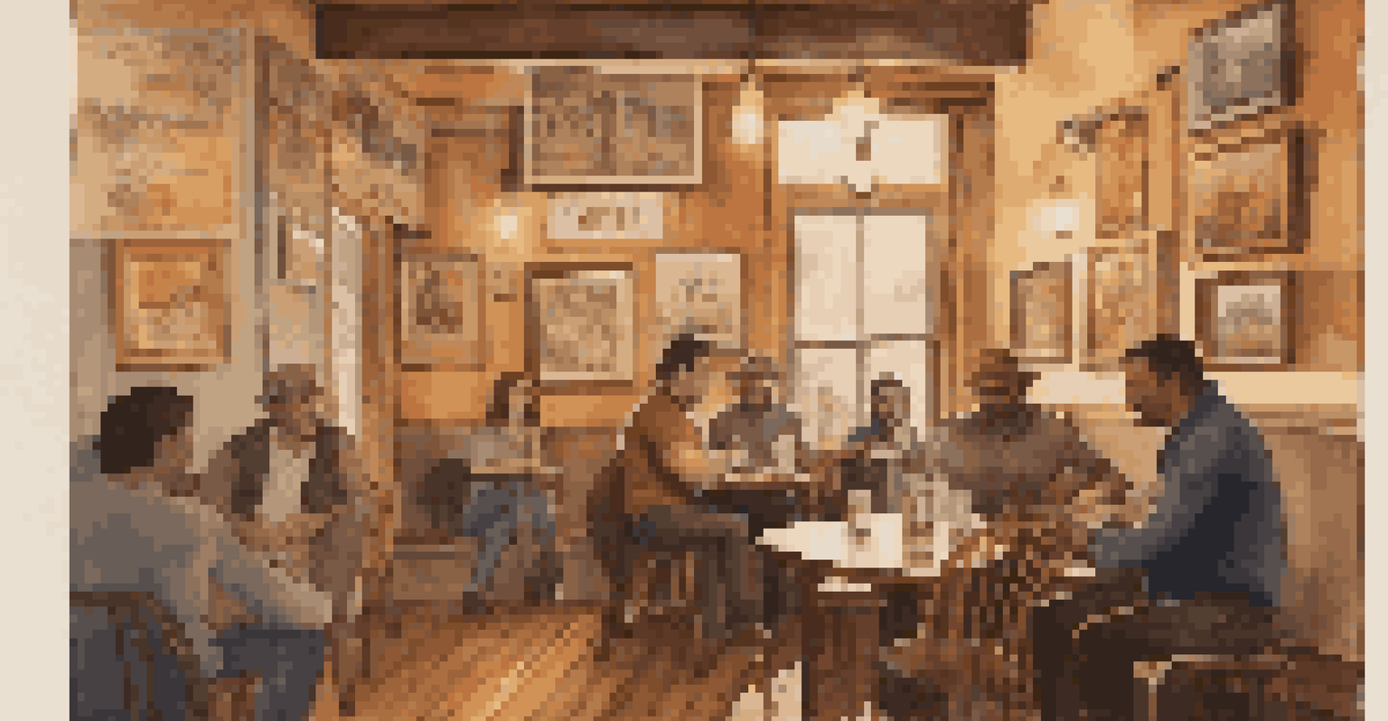 A cozy coffee shop scene with a folk musician playing guitar and an engaged audience in warm lighting.