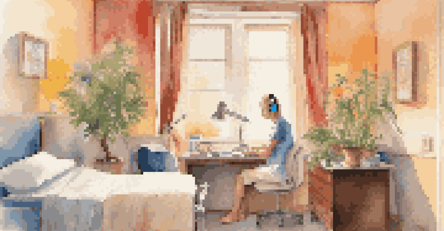 A calm hospital room with a patient listening to music, surrounded by colorful artwork and a potted plant.
