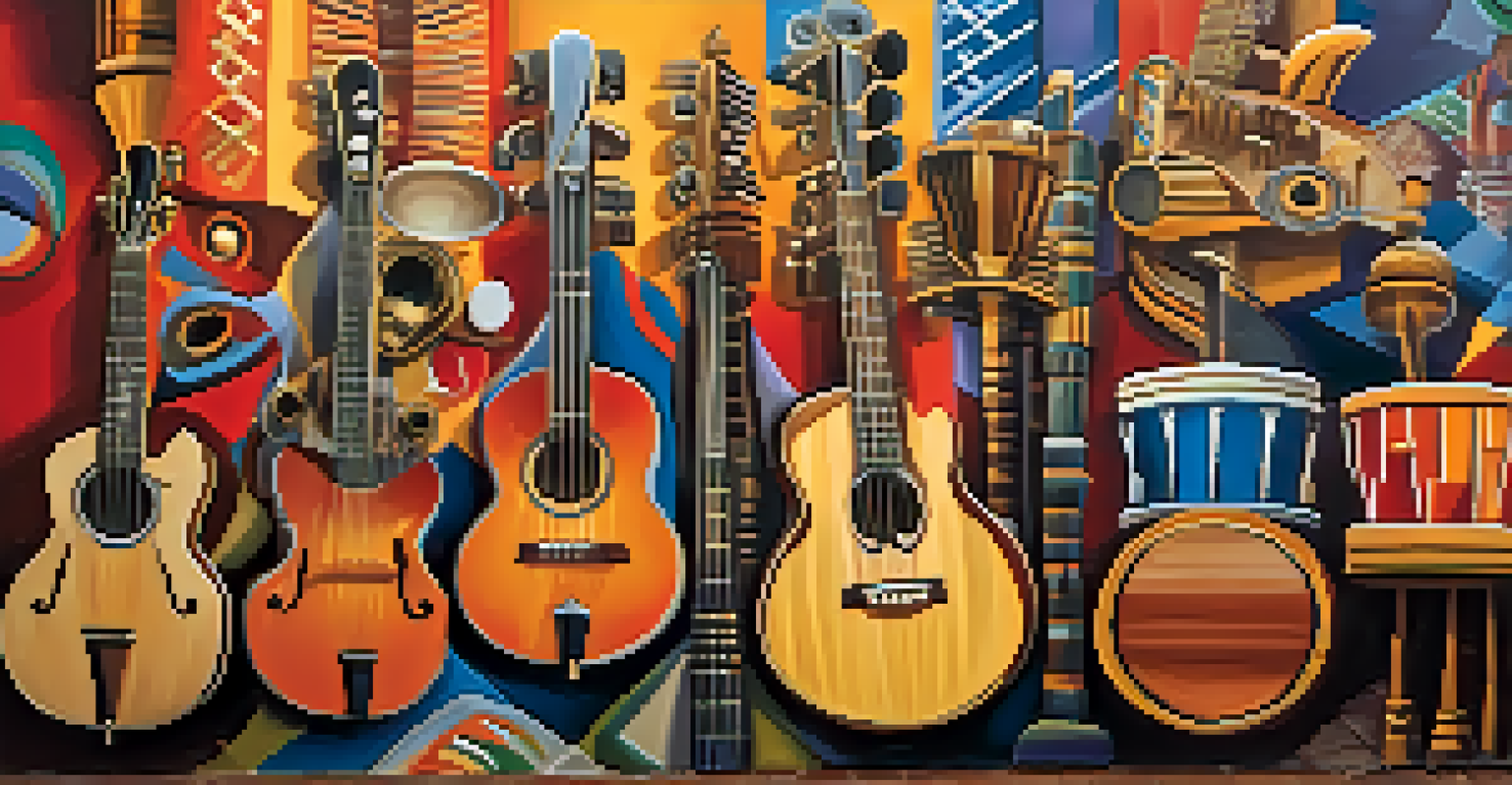 Close-up of hands playing diverse musical instruments against a colorful mural of cultural symbols and musical notes.