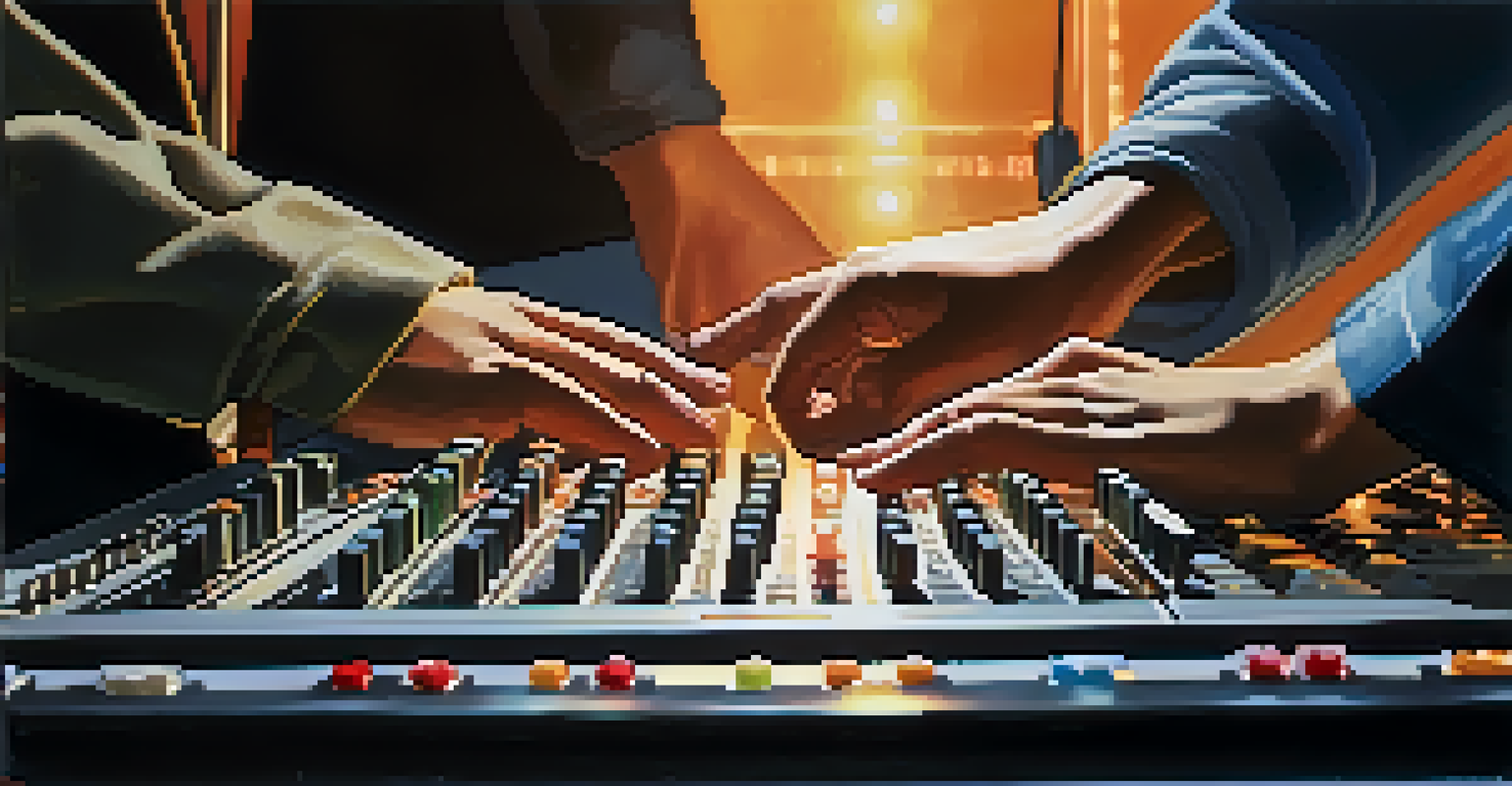 Close-up of two hands reaching over a mixing console, symbolizing trust and collaboration in music creation.