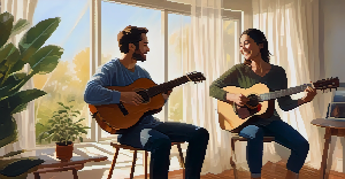 A music therapy session with a therapist and a client playing guitars in a cozy, well-lit room filled with plants and calming artwork.